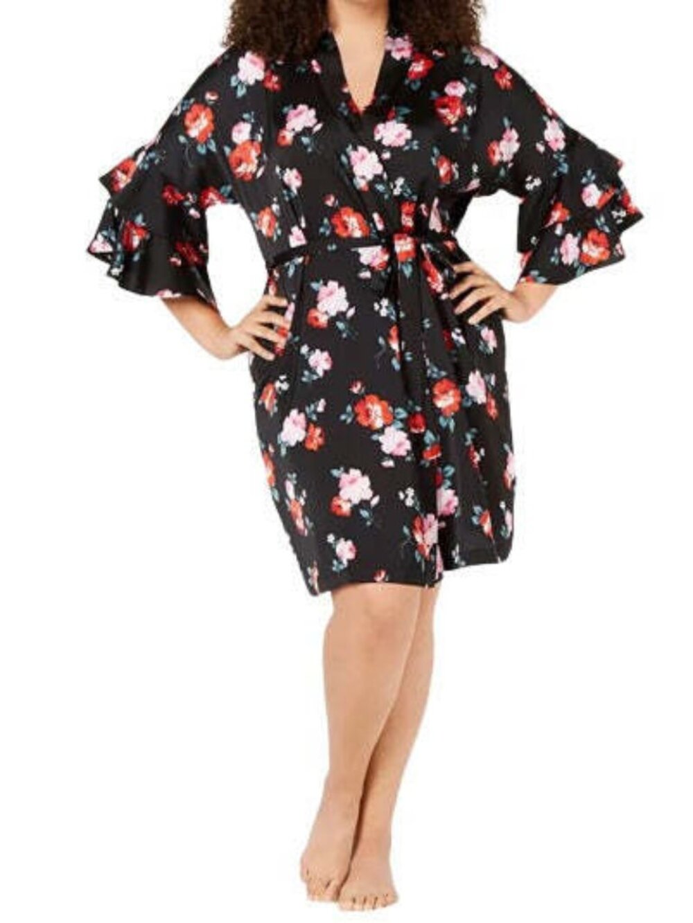 INC International Concepts Womens Satin Flounce Sleeve Wrap Robe Without Belt